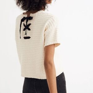 Madewell Cream Short-Sleeve Knit Top with Black Bow Detail